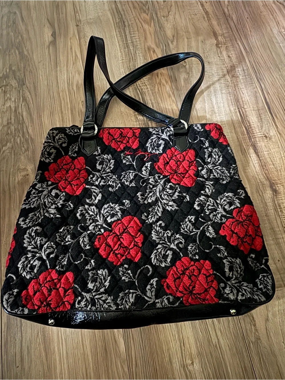 Vera Bradley Black Quilted Tote with Red Floral Accents